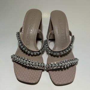 Karl Lagerfeld Blush Sandals with Pearl and RhinestoneAccents